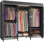 V5C Heavy Duty Covered Clothes Rack Portable Closet Rack, Black Metal Clothing Rack with Black Upgraded Polyester Cover, Adjustable Custom Freestanding Closet Wardrobe, Max Load 800LBS