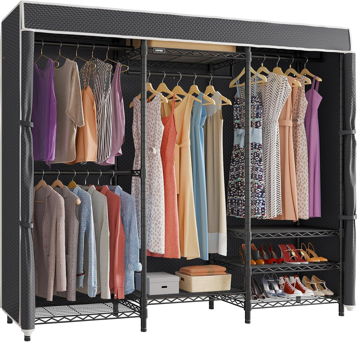 V5C Heavy Duty Covered Clothes Rack Portable Closet Rack, Black Metal Clothing Rack with Black Upgraded Polyester Cover, Adjustable Custom Freestanding Closet Wardrobe, Max Load 800LBS