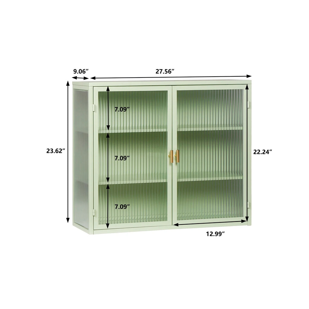 Two-door Wall Cabinet, Modern Kitchen Wall Mounted Cabinet with 2 Glass Doors, Two-tier Enclosed Storage, an Open Shelf, Towel Rack, Metal Wall Cabinet for Entryway, Living Room, Bathroom,  White