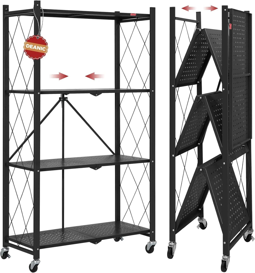 4 Tier Foldable Storage Shelves with Wheels, Large Capacity Shelving Unit, Freestanding Metal Wire Shelf Rack, No Assembly Organizer Rack for Garage Kitchen, Basement, Pantry(Black)