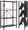 4 Tier Foldable Storage Shelves with Wheels, Large Capacity Shelving Unit, Freestanding Metal Wire Shelf Rack, No Assembly Organizer Rack for Garage Kitchen, Basement, Pantry(Black)