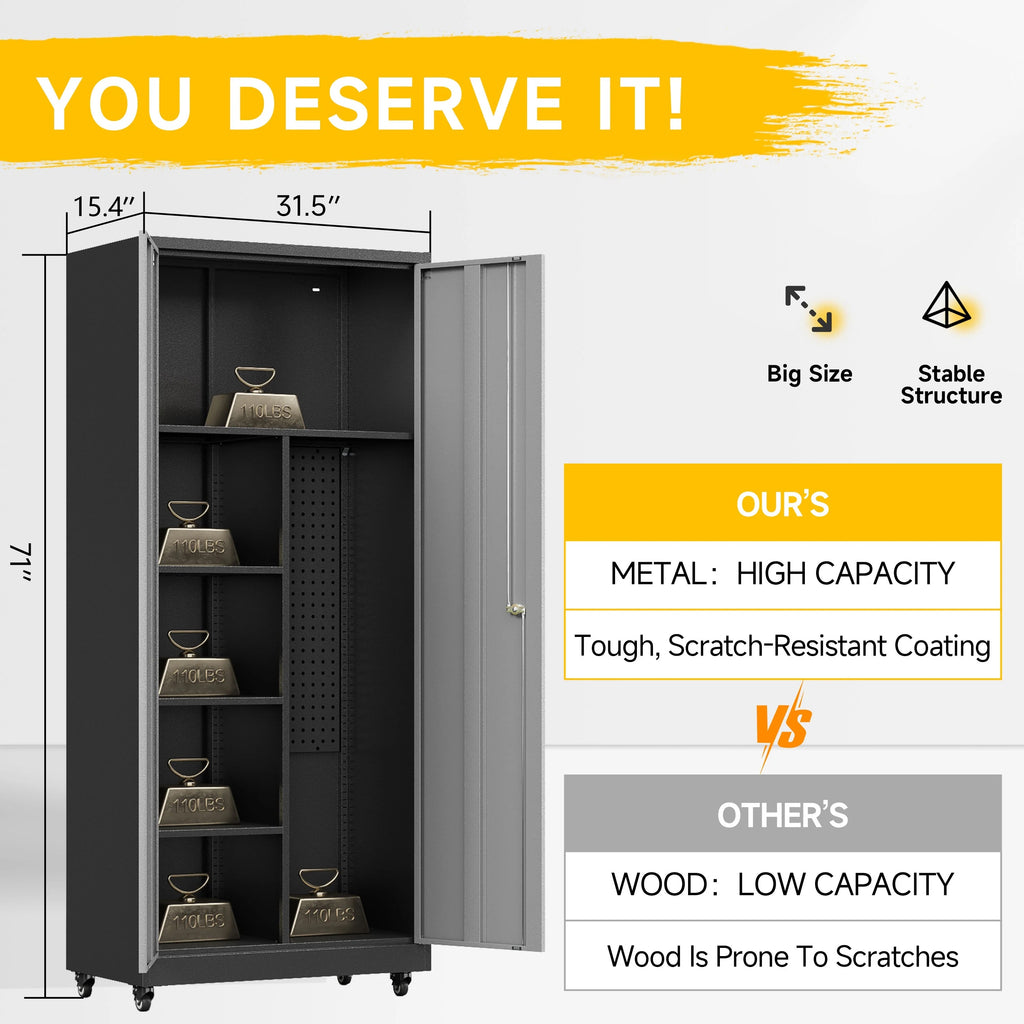 Topass Metal Storage Locker with Lockable Door, 71'' Clothing Coat , Garage Tool Cabinet with Wheels -Locker for Office, Home, School, Employee, Gym