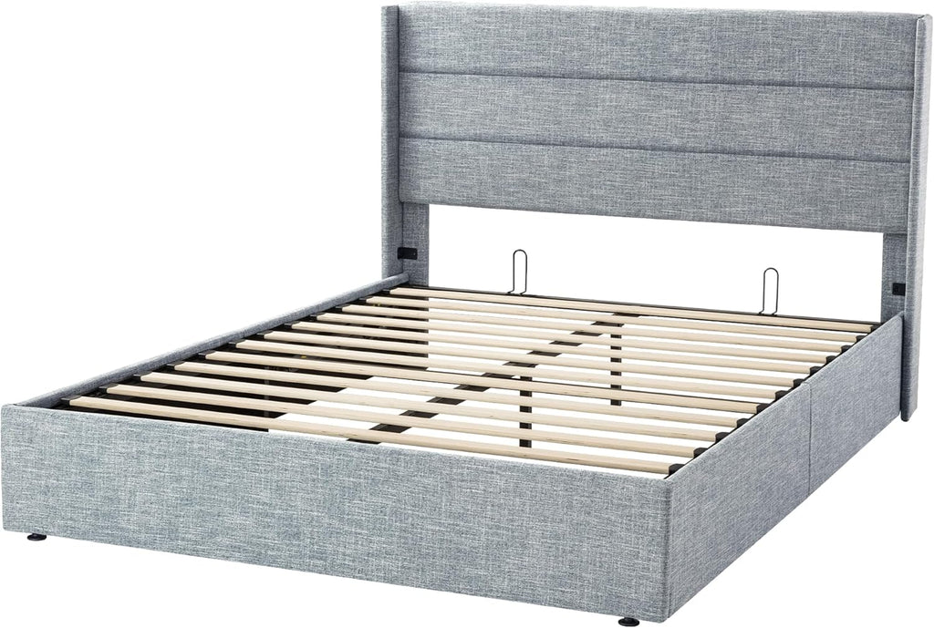Queen Size Lift Up Storage Bed with Wingback Headboard, Upholstered Platform Bed Frame with Hidden Storage