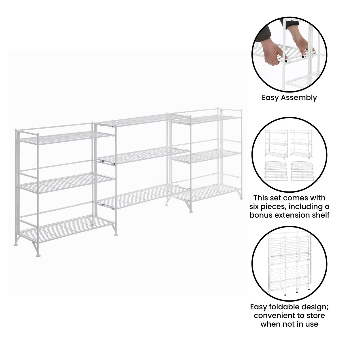 Xtra Storage Wide Folding Shelves w/Three Deluxe Extensions in White Metal