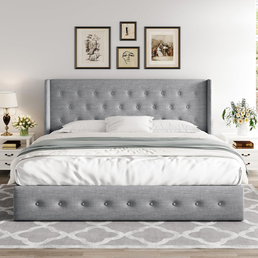Queen Size Lift Up Storage Bed with Wingback Headboard, Upholstered Platform Bed Frame with Hidden Storage