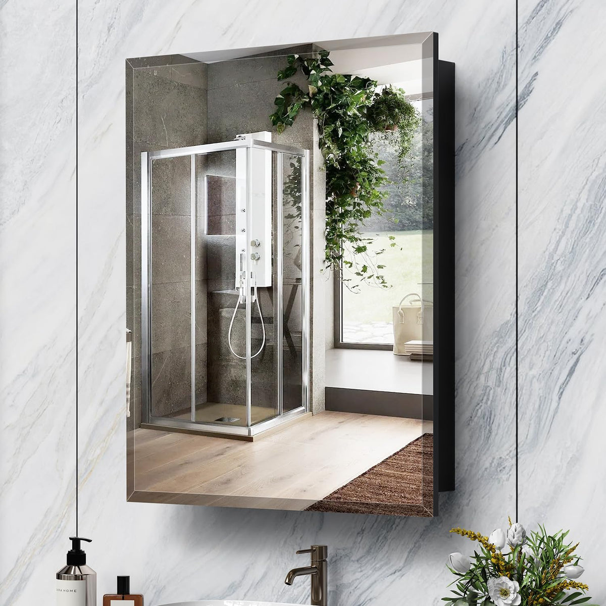 16X24 Inch Bathroom Medicine Cabinet, Adjustable 3-Color Brightness Dimming LED Mirror Recessed, Black
