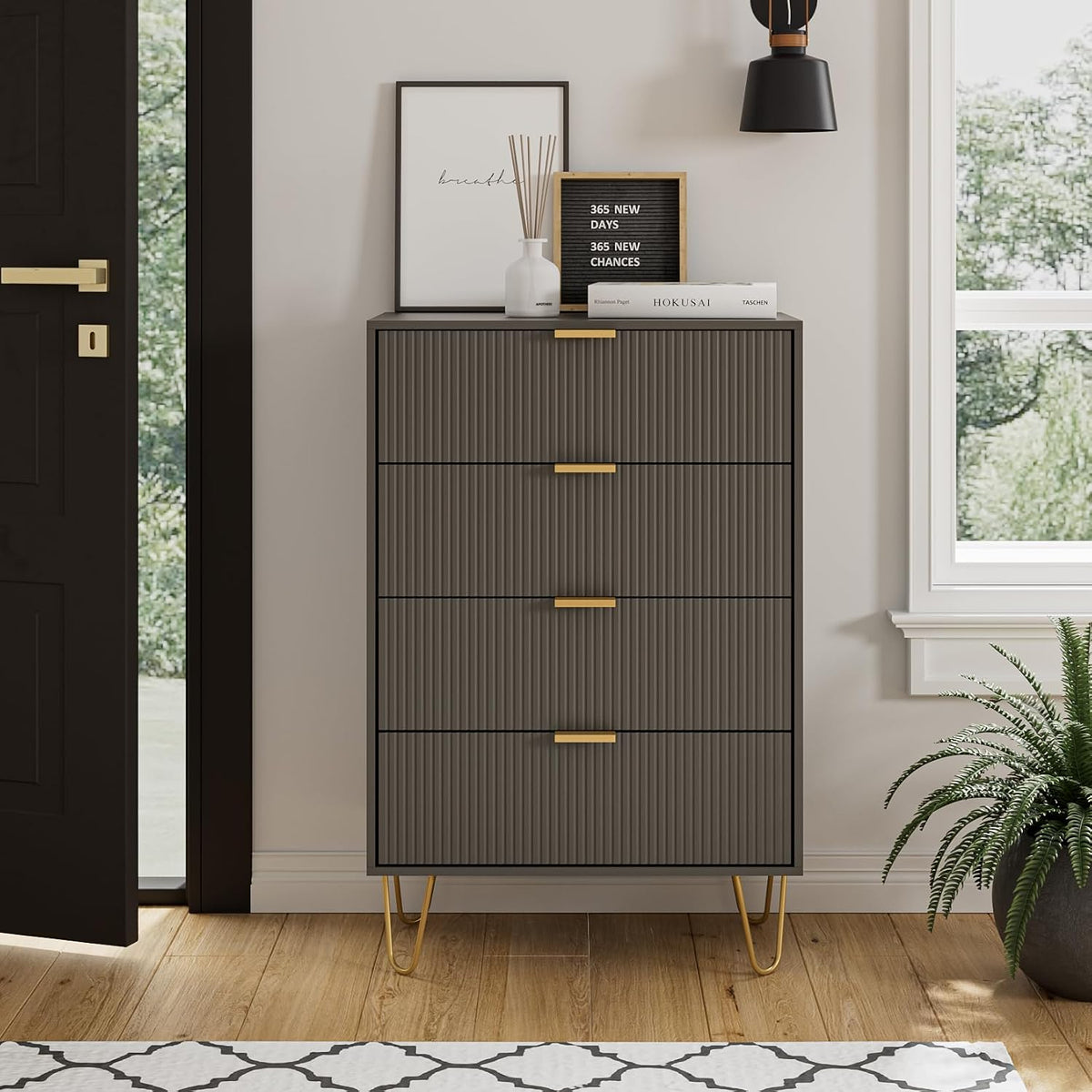 4 Drawer Dresser, Drawer Chest, Tall Storage Chest Cabinet Organizer Unit with Metal Legs, Small Dresser for Bedroom, Living Room, Closet, Hallway Black Stripe