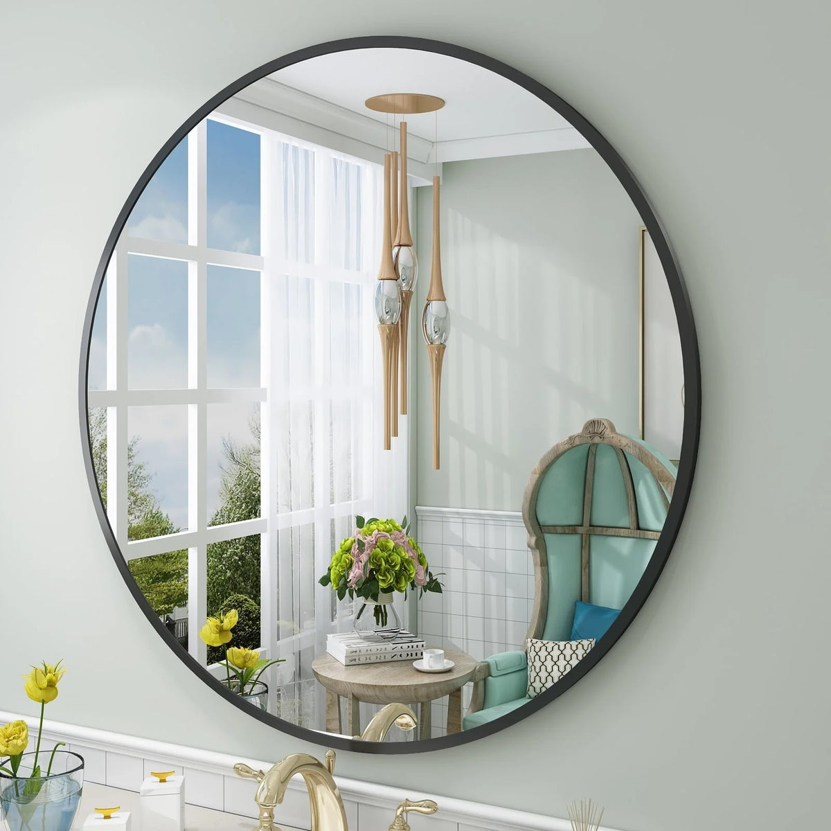 Round Metal Black Frame Bathroom Vanity Mirror, Wall Mounted Decorative Mirror