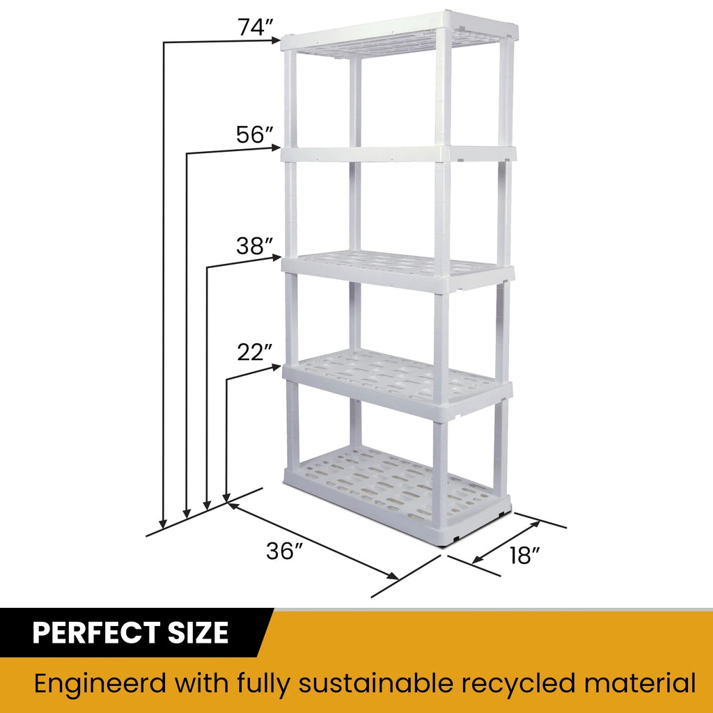 Hyper Tough Plastic Storage Shelves 5-Tier 73.8"H x 36"W x 17.75"D, 2-Pack White, 750 lbs Total Capacity