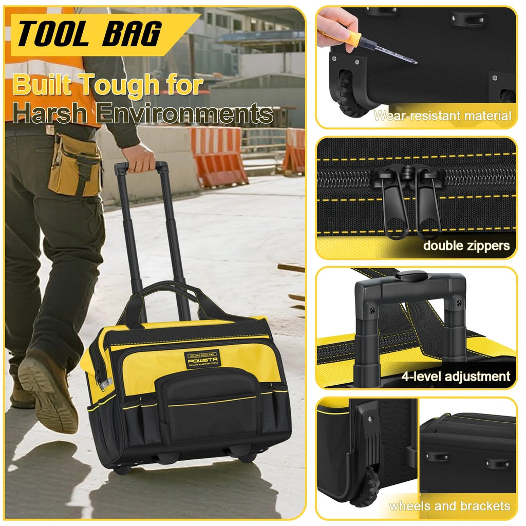 18" Rolling Tool Bag with Wheels, 15-Pocket Heavy Duty Rolling Tool Storage Bag with Retractable Handle for Construction, Carpentry, Repair