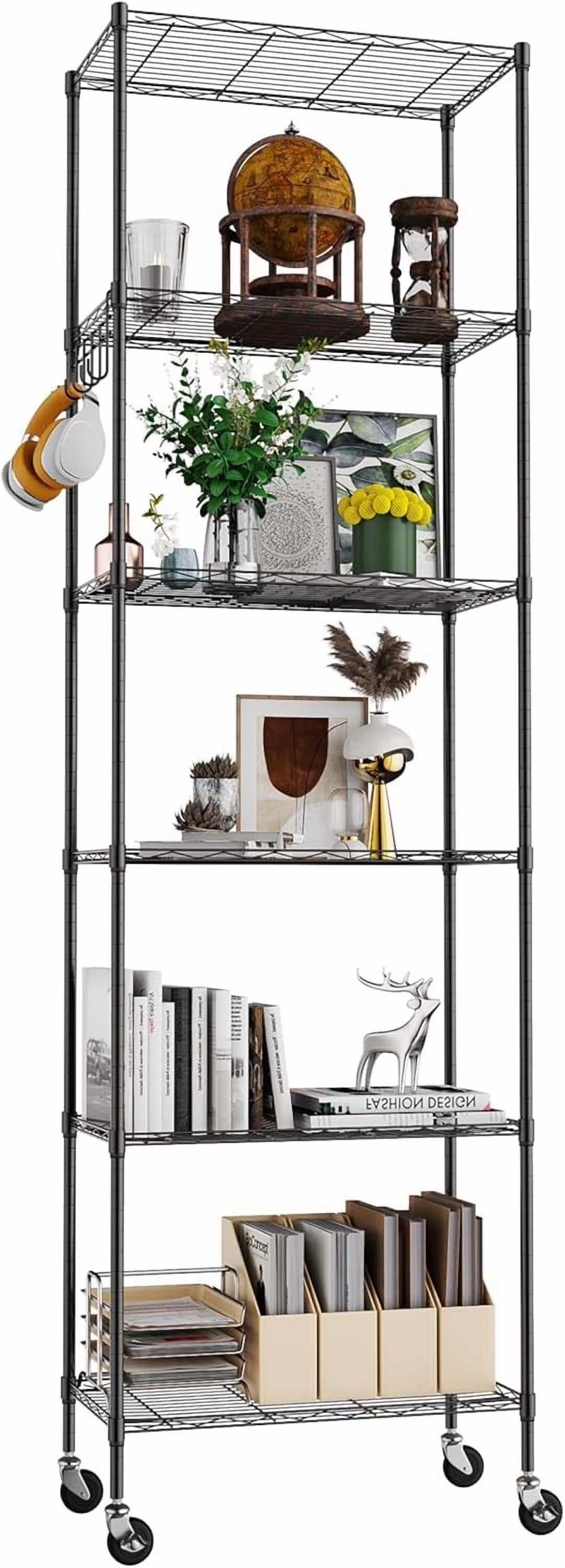 5-Tier Storage Shelf Wire Shelving Unit on Wheels, Adjustable Heavy Duty Metal Shelves with Side Hooks, Steel Rack Organization for Kitchen Garage Basement, Silver