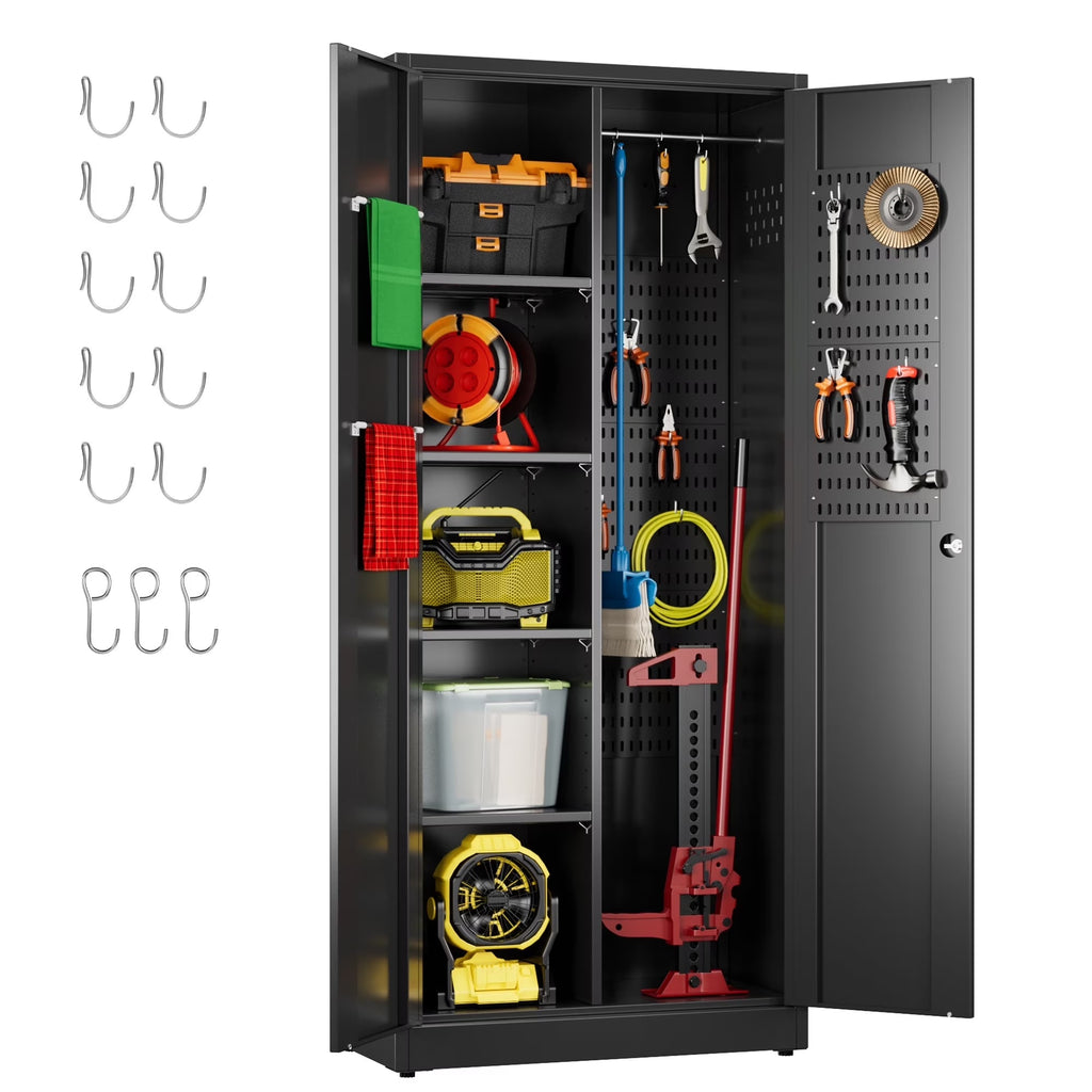GAEANET 2 Door Metal Storage Cabinet with 5 Adjustable Shelves &Pegboard, 71" H-32" W-16" D Locking Steel Garage Cabinet, for Garage,Office,Home,Gym,School, File Cabinet,Assembly Required, Black