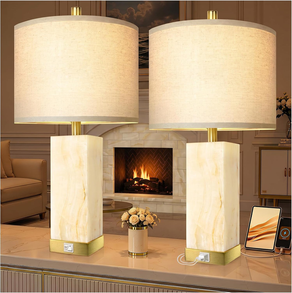 Translucent Marble Table Lamps with Night Light for Living Room