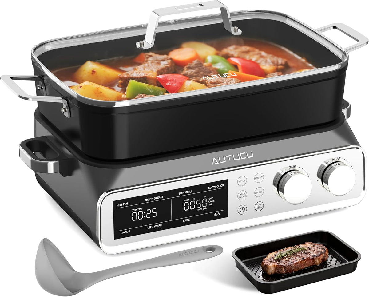 Slow Cooker 10-Quart - PFOA-Free Ceramic Coating, Oven Safe to 450°F | Keep Warm Function for Large Family Gatherings (Includes Silicone Spoon)