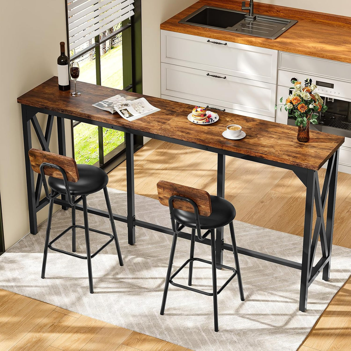 Bar Table and Chairs Set, Counter Height Table and Chairs with X-Shaped Supports, 1 Pub Table and 2 Chairs, for Dining Room, Living Room, Home Bar, Rustic Brown and Black