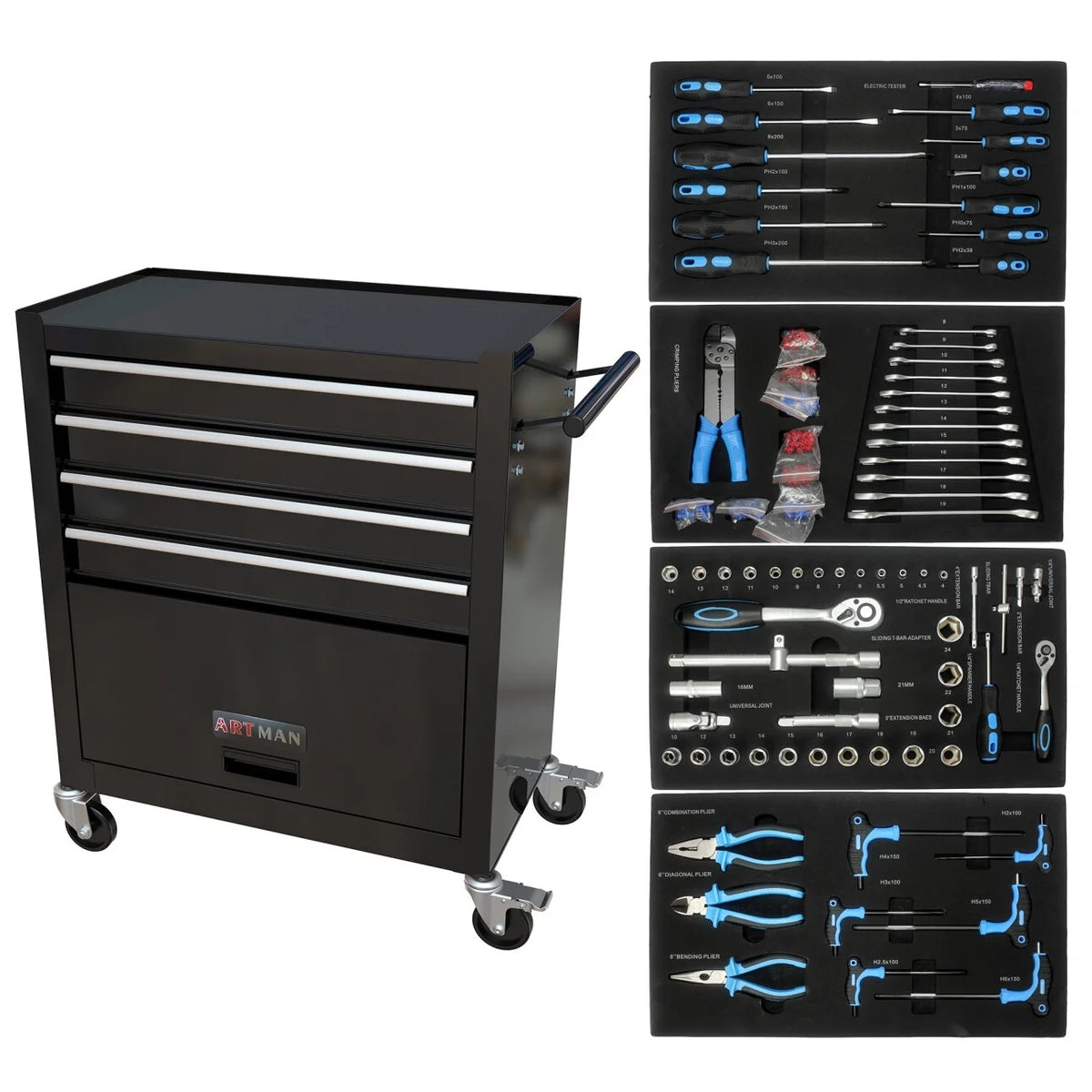 4 Drawers Rolling Tool Chest, High Capacity Tool Box with Tool Sets, Tool Chest with Lockable System and Wheels, Utility Tool Storage Cart for Workshop Mechanics Garage (Black)