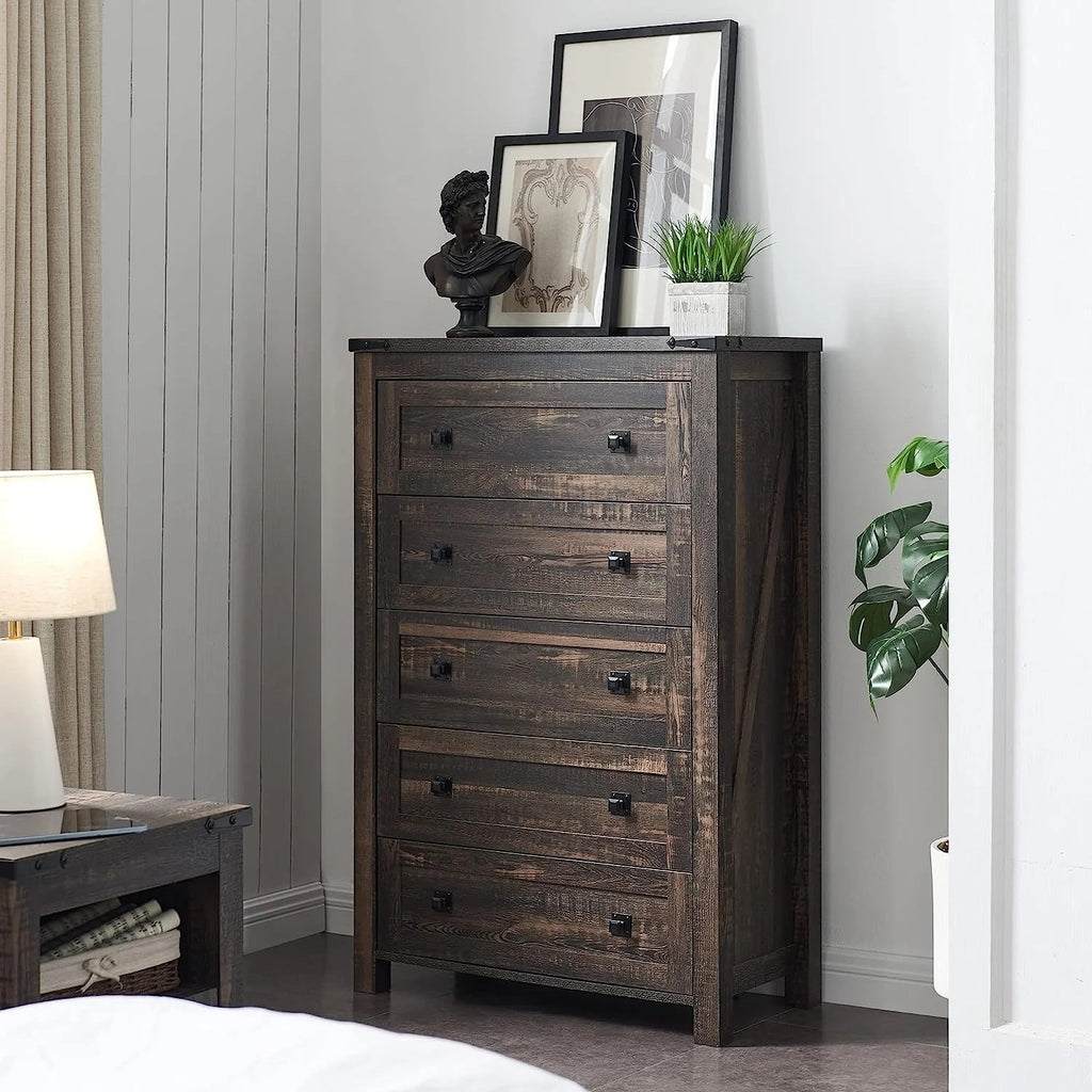 48 Inch Tall Farmhouse Wood Dresser, 5 Drawer Chest of Drawers for Bedroom