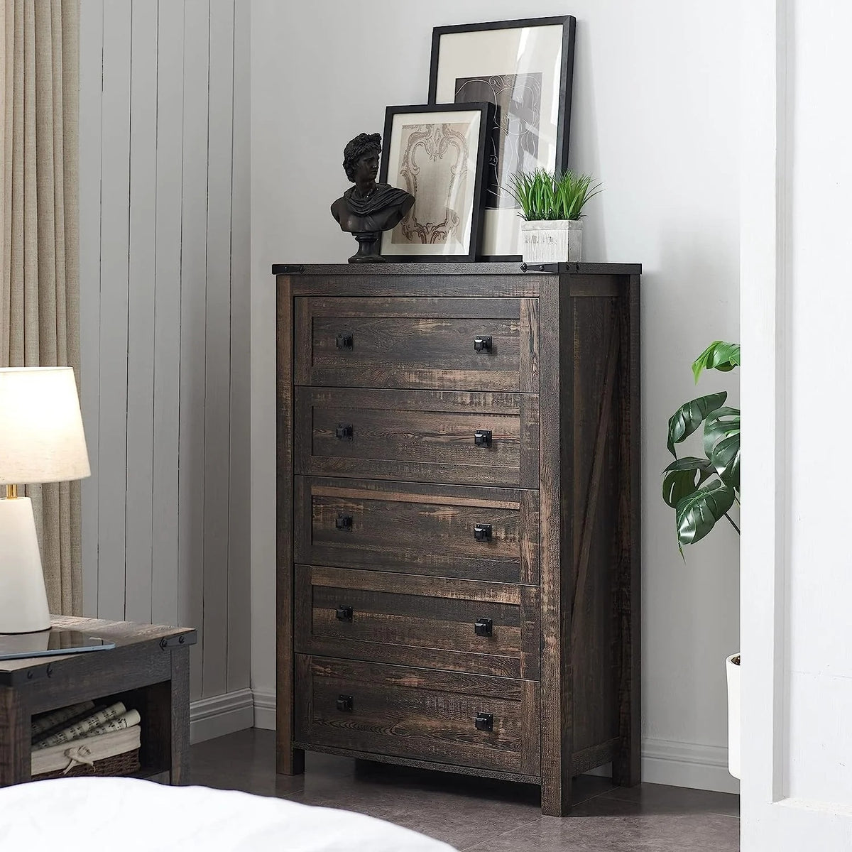 48 Inch Tall Farmhouse Wood Dresser, 5 Drawer Chest of Drawers for Bedroom