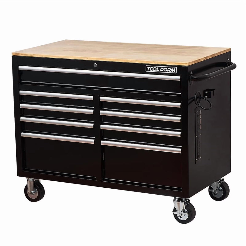 Rolling Tool Chest Extra-Deep 46In 9-Drawers, Mobile Tool Storage Cabinet/Work Bench with Wooden Top/Power Strip, Equipped with Casters, Handle, Liner, and Locking System, 1200 lbs Capacity