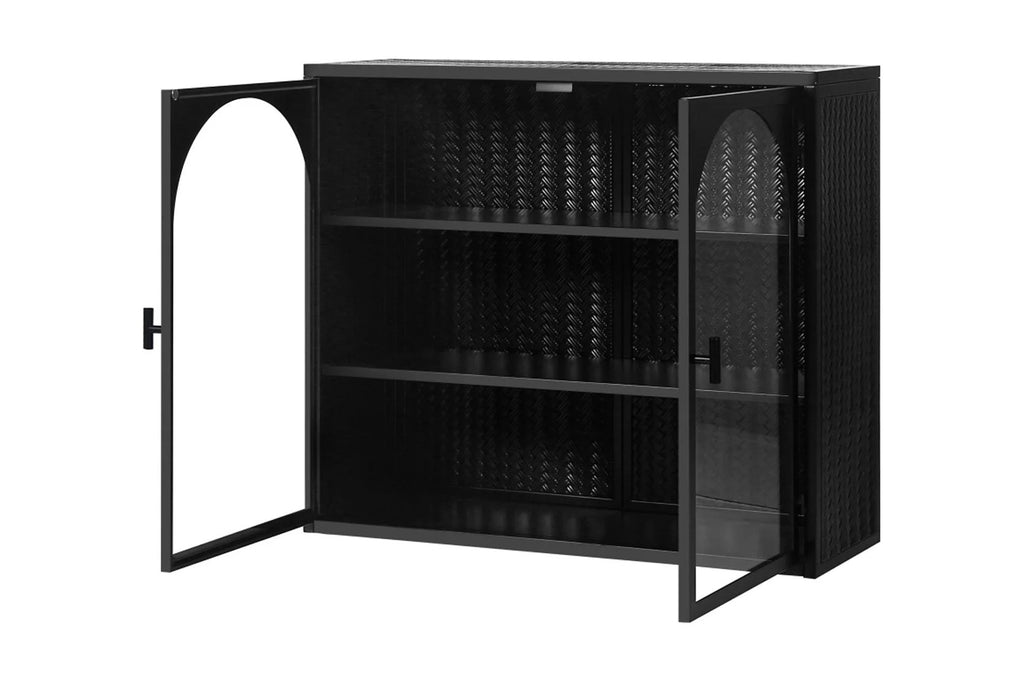 Two-door Wall Cabinet, Modern Kitchen Wall Mounted Cabinet with 2 Glass Doors, Two-tier Enclosed Storage, an Open Shelf, Towel Rack, Metal Wall Cabinet for Entryway, Living Room, Bathroom,  White