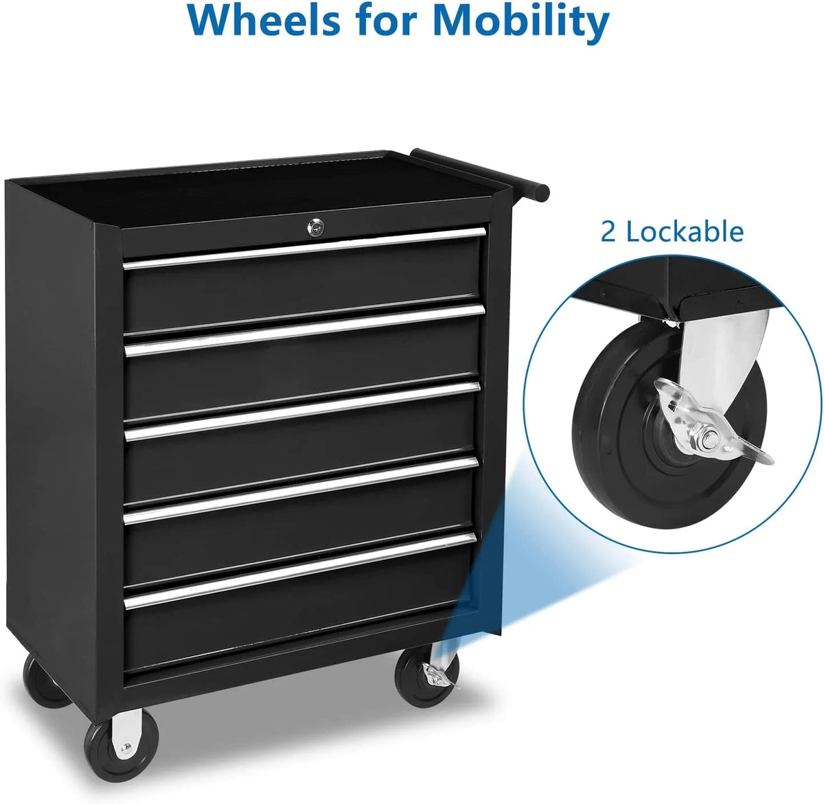 TUFFIOM 5-Drawer Rolling Tool Chest with Lock & Key, Tool Storage Organizer Box Cabinet with Wheels