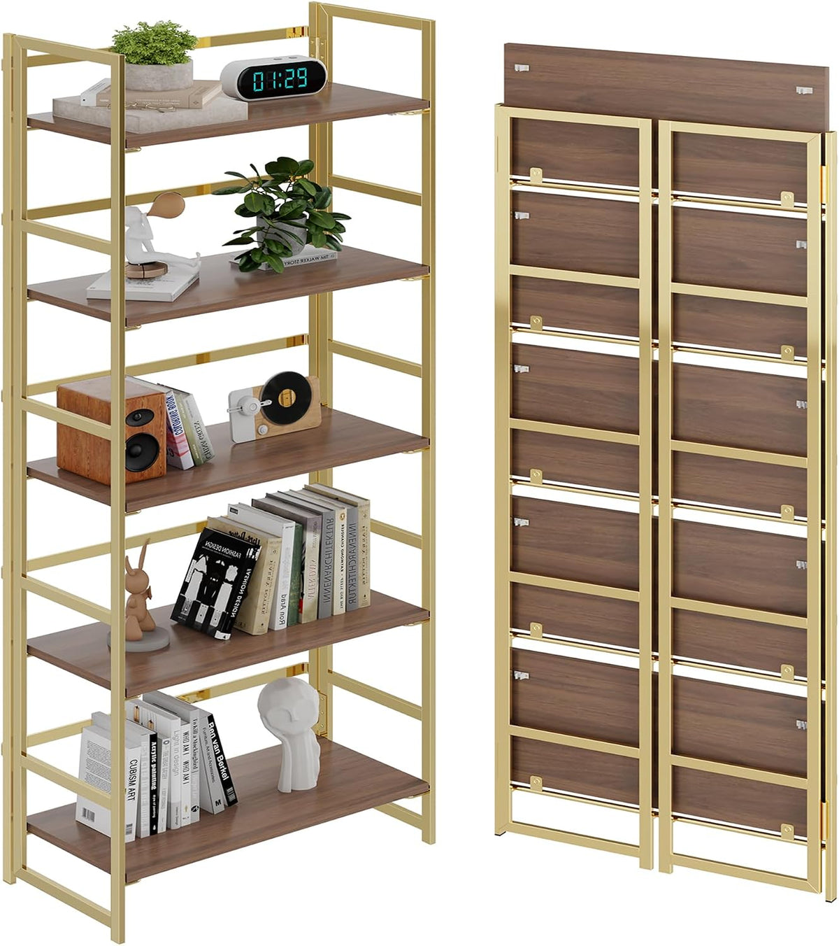 Vintage Multifunctional Folding Bookshelf, No-Assembly Plant Stand Storage Rack Shelves for Home Office (White, 5-Tier)