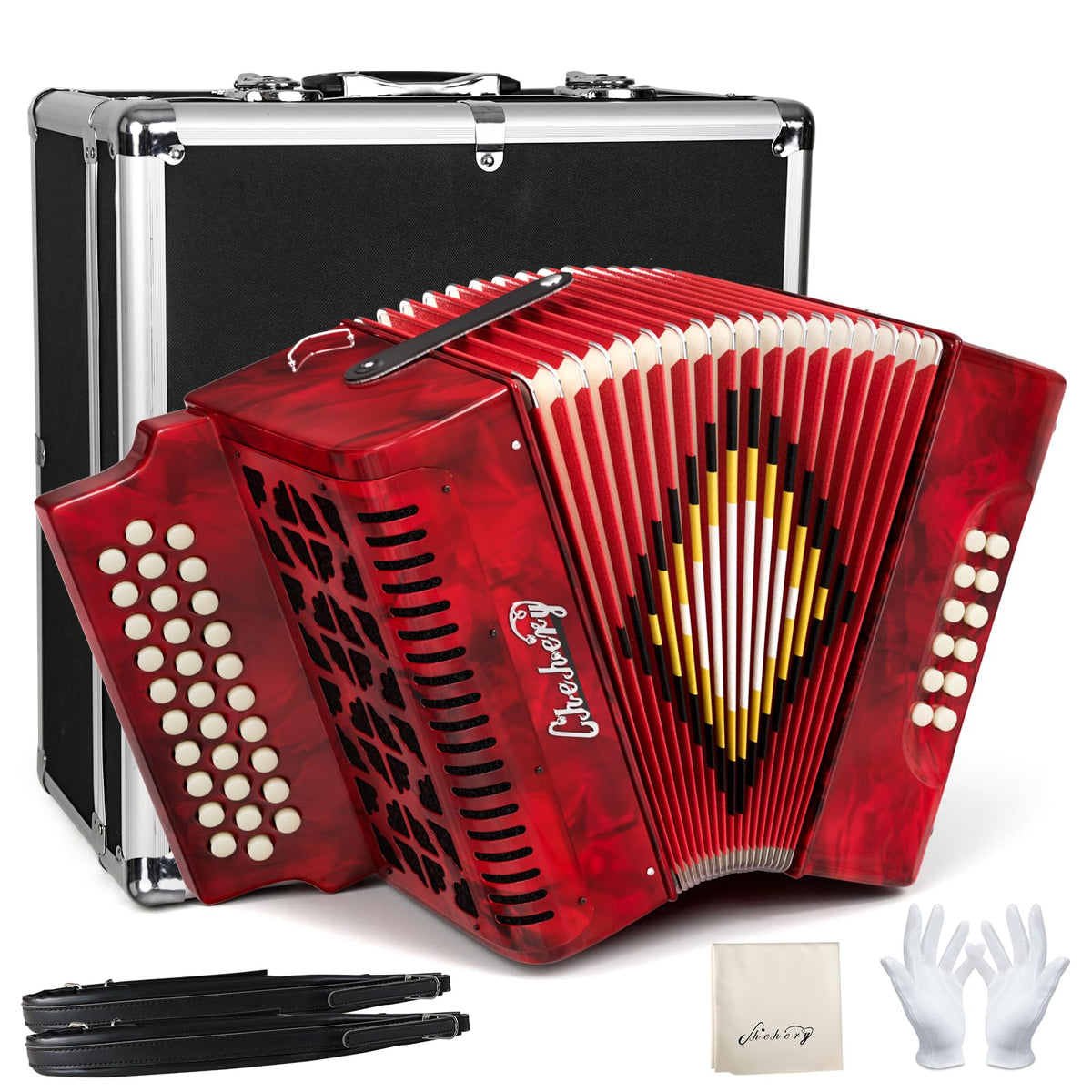 Accordions 31 Key 12 Bass Diatonic G/C/F w Case Strap Gloves Cloth (Gray)