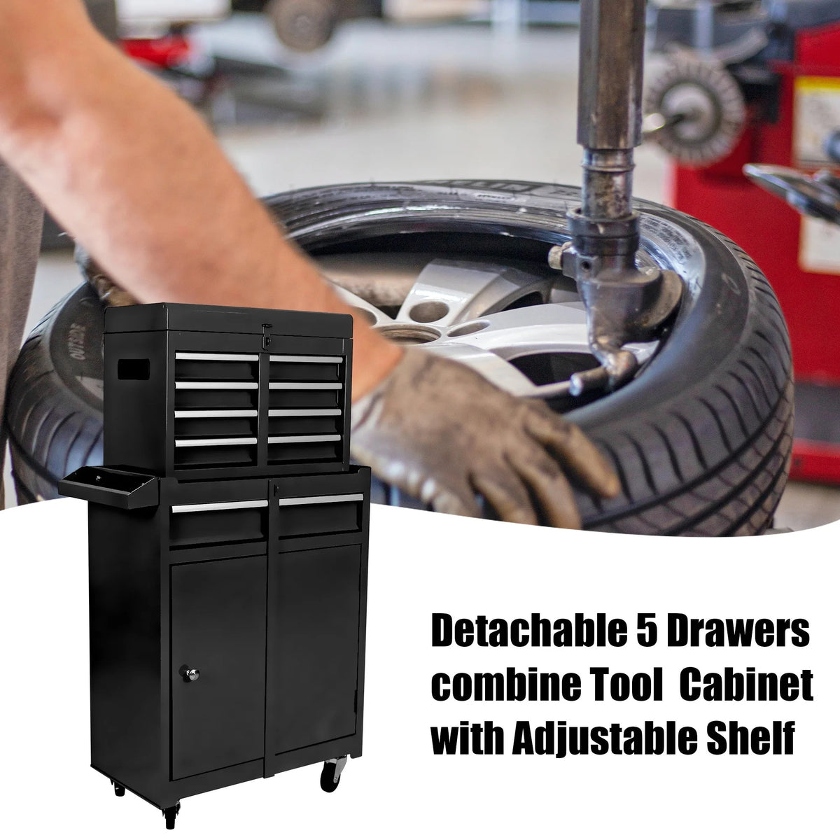 5-Drawer Rolling Tool Chest & Removable Tool Box with Locking System, Tool Box Organizer with 4 Wheels&Hooks, Large Capacity Garage Storage Cabinet for Warehouse and Repair Shop, Orange