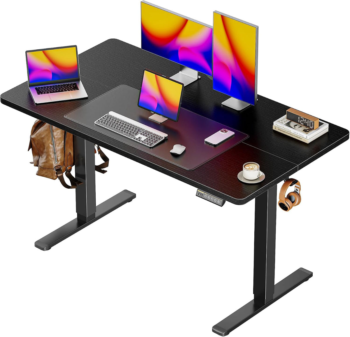 55 x 28 Large Electric Standing Desk, Height Adjustable Computer Desk, 27.6" Deep Desktop, Stand up Gaming Office Desk with 2 Hooks, 3 Preset Heights, for Home Office, Rustic Brown