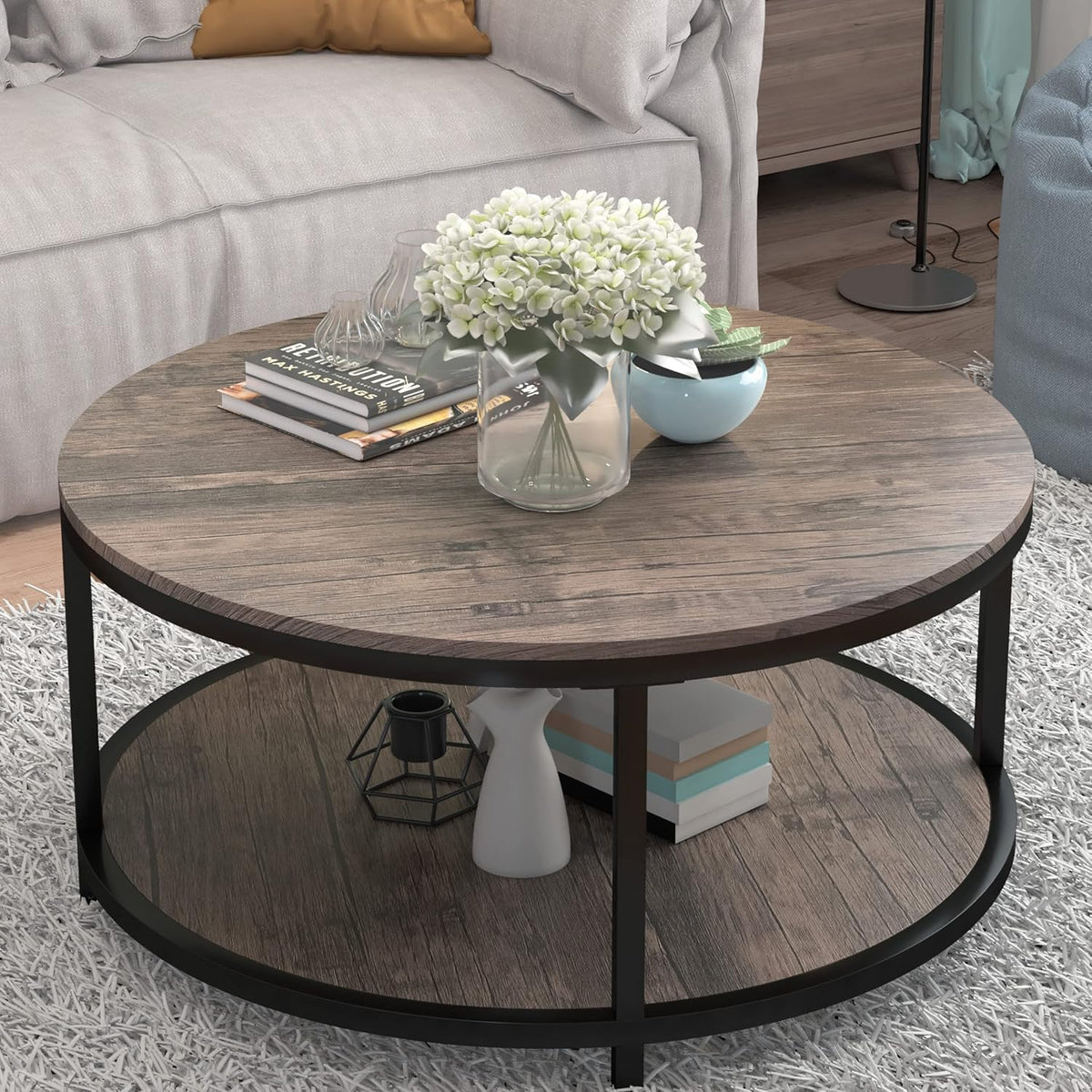 Round Coffee Table, 36" Coffee Table for Living Room, 2-Tier Rustic Wood Desktop with Storage Shelf, Modern Design Home Furniture (Light Walnut)