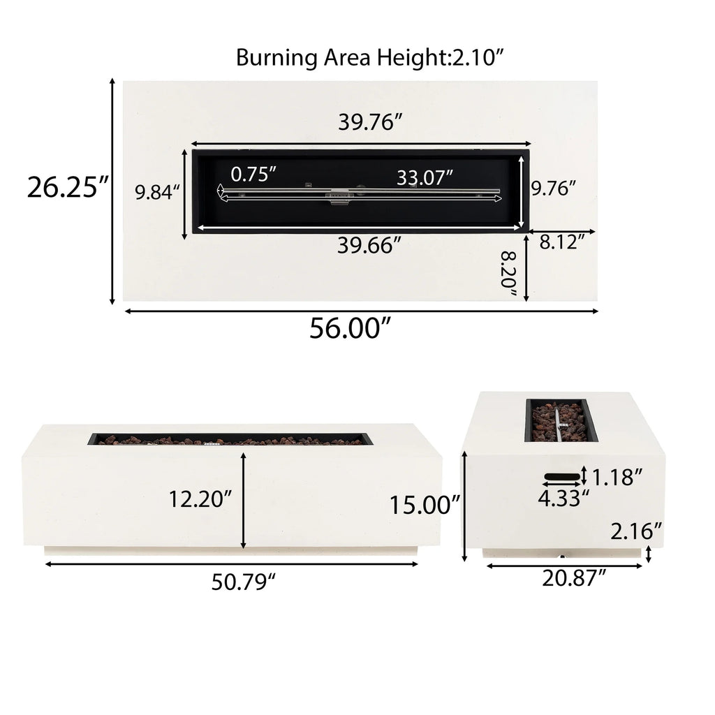Christopher Knight Home Modern Outdoor 56" Rectangular Propane Fire Pit, 50,000 BTU, White MGO, (No Tank Cover)