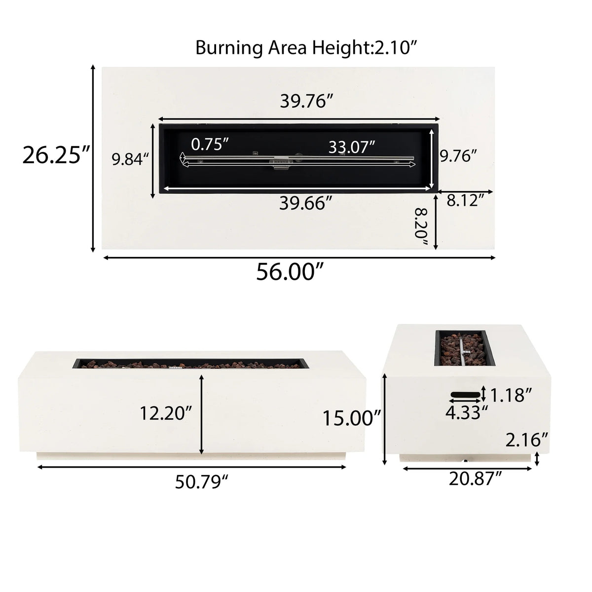 Christopher Knight Home Modern Outdoor 56" Rectangular Propane Fire Pit, 50,000 BTU, White MGO, (No Tank Cover)