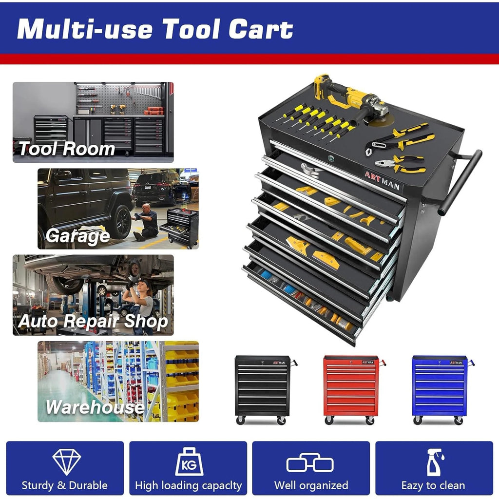 POVANLI  7-Drawer Rolling Tool Chest with Wheels Multifunctional Tool Chest Portable Tool Storage Cabinet with Locking System for Garage Workshop Warehouse Repair Shop