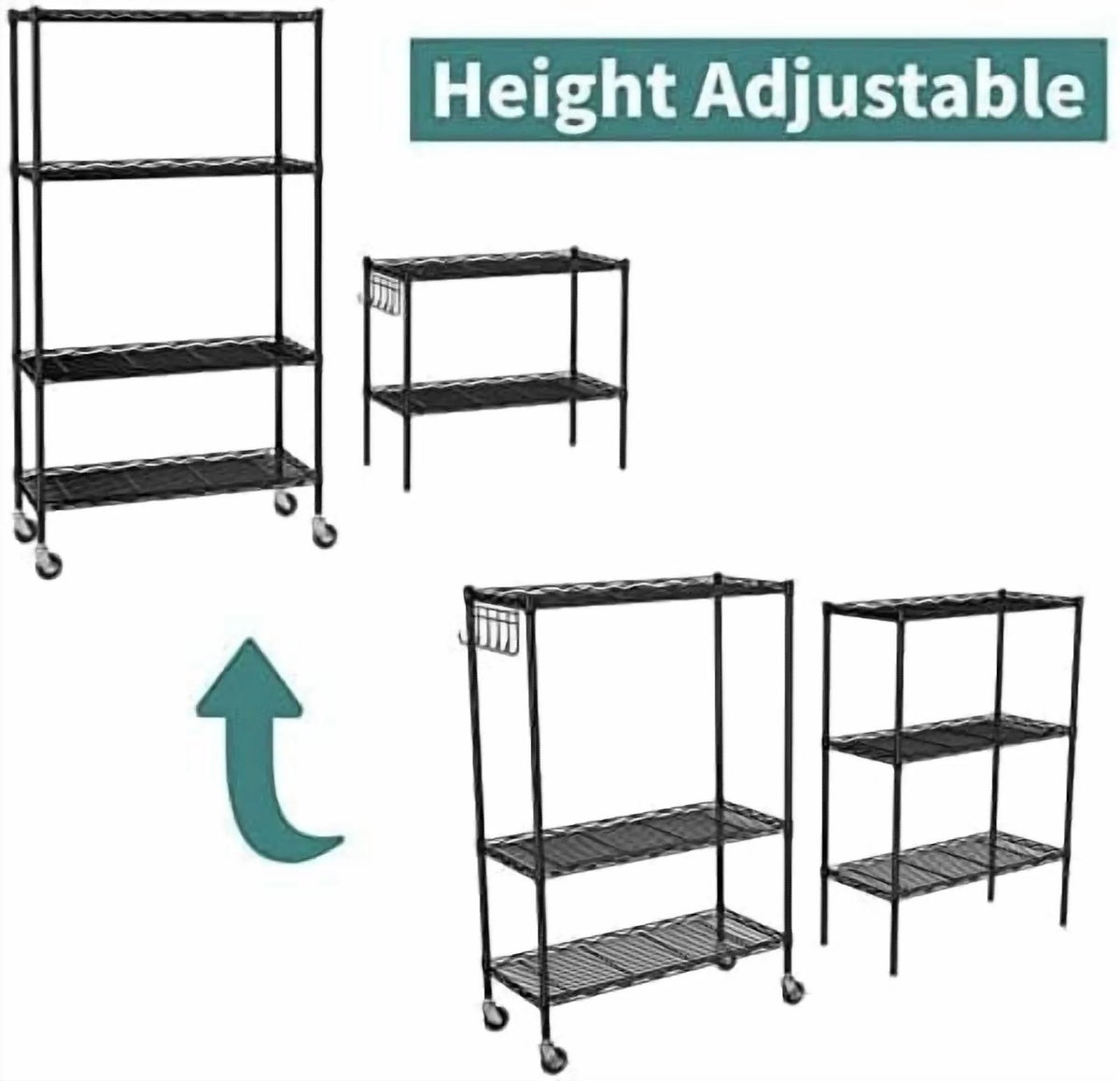 5-Tier Storage Shelf Wire Shelving Unit on Wheels, Adjustable Heavy Duty Metal Shelves with Side Hooks, Steel Rack Organization for Kitchen Garage Basement, Silver
