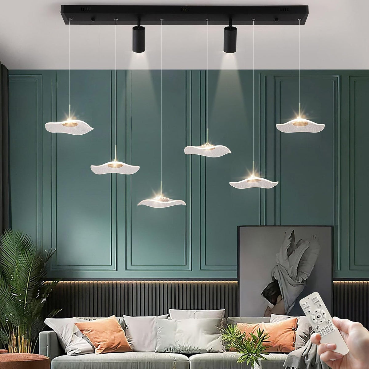 Modern Linear Chandelier, Dimmable LED Pendant Light with Remote