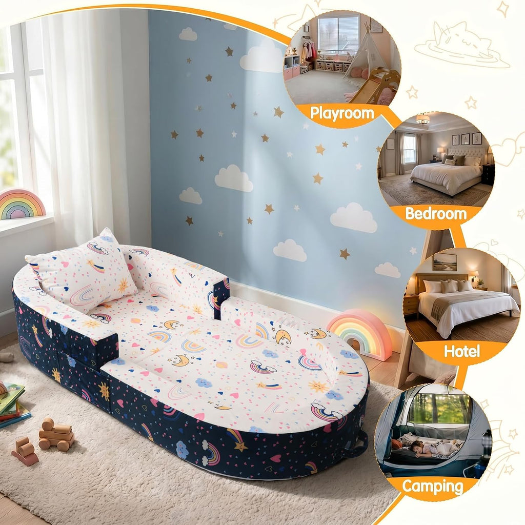2-in-1 Toddler Travel Bed, Portable Foldable Toddler Floor Bed Converts to Soft Sofa, Kids Travel Couch with Removable Washable Cover, Ideal for Camping, Picnic, Hotel & Sleepovers
