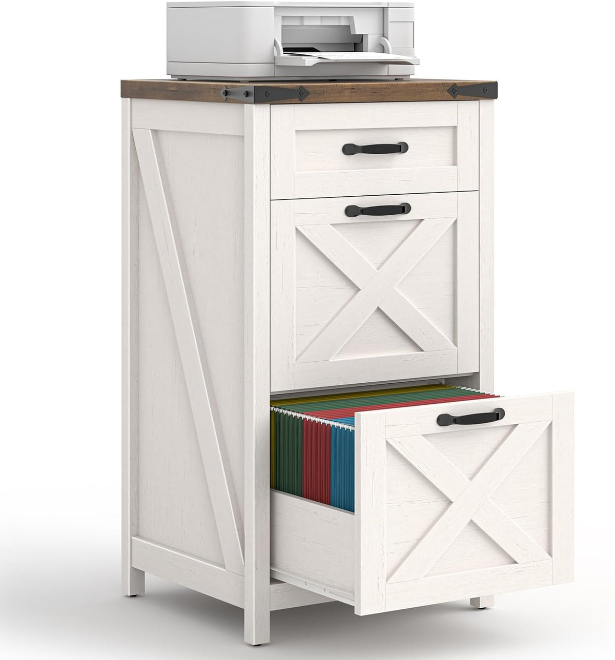 3 Drawers Tall Farmhouse File Cabinet with Wheels, Rustic White