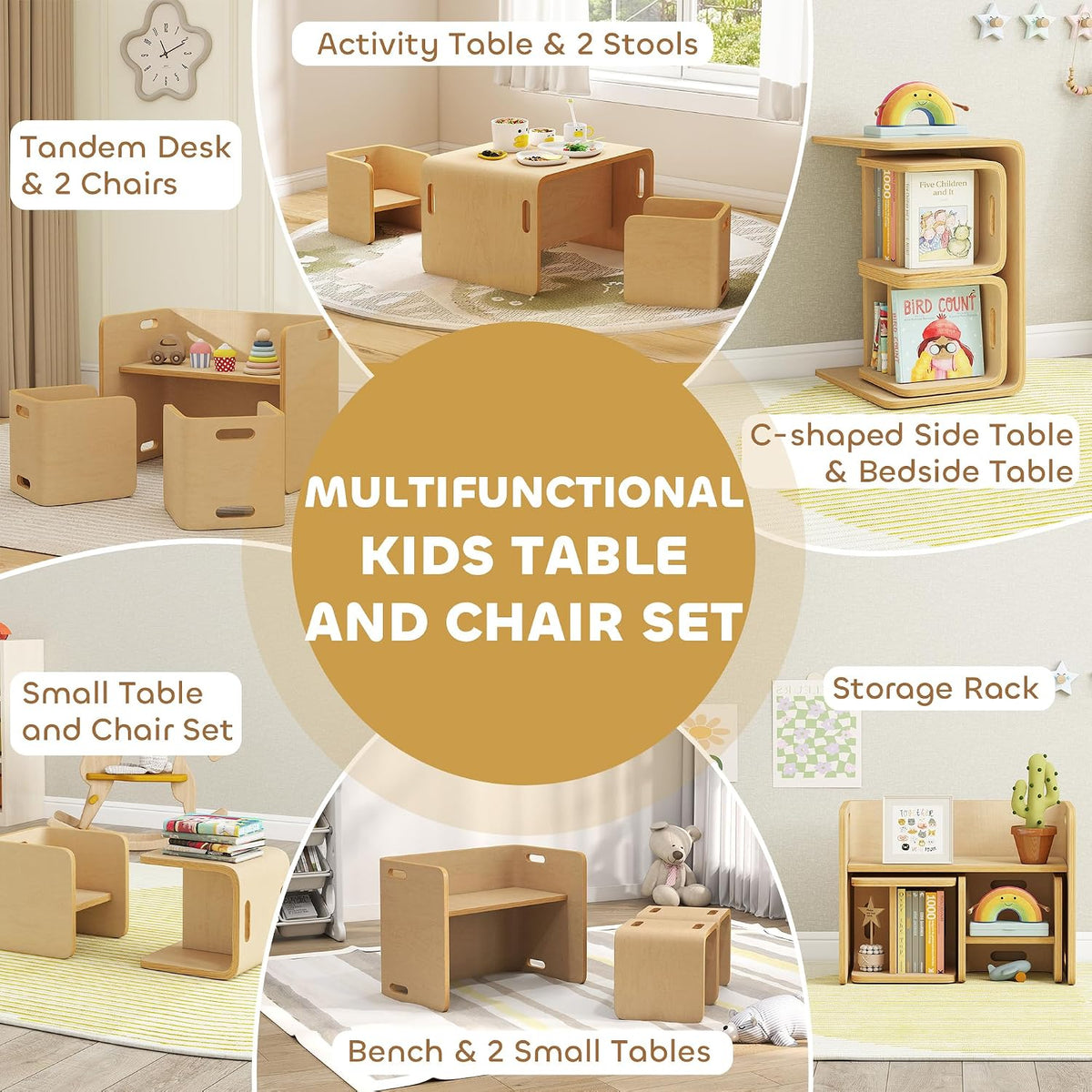 Kids Table and Chair Set, Wooden Activity Table, Ages 3-8, Natural Wood