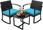 3 Pieces Outdoor Furniture Set, Patio Bistro Rocking Chairs with Glass Coffee Table for Pool, Beach, Backyard, Balcony, Porch, Deck, Garden, Black