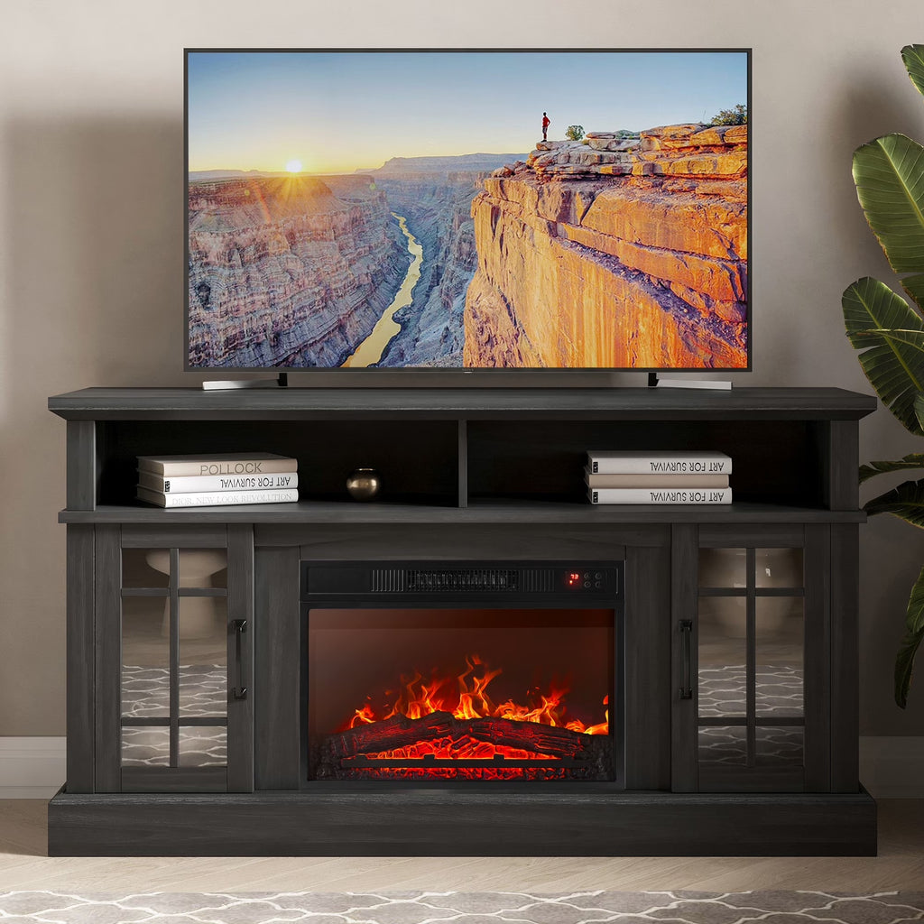 BELLEZE 58" TV Stand with 23" Electric Fireplace, Fireplace TV Console for TVs up to 65", Home Entertainment Center with Storage Cabinet and Adjustable Shelves - Astorga (Gray Wash)