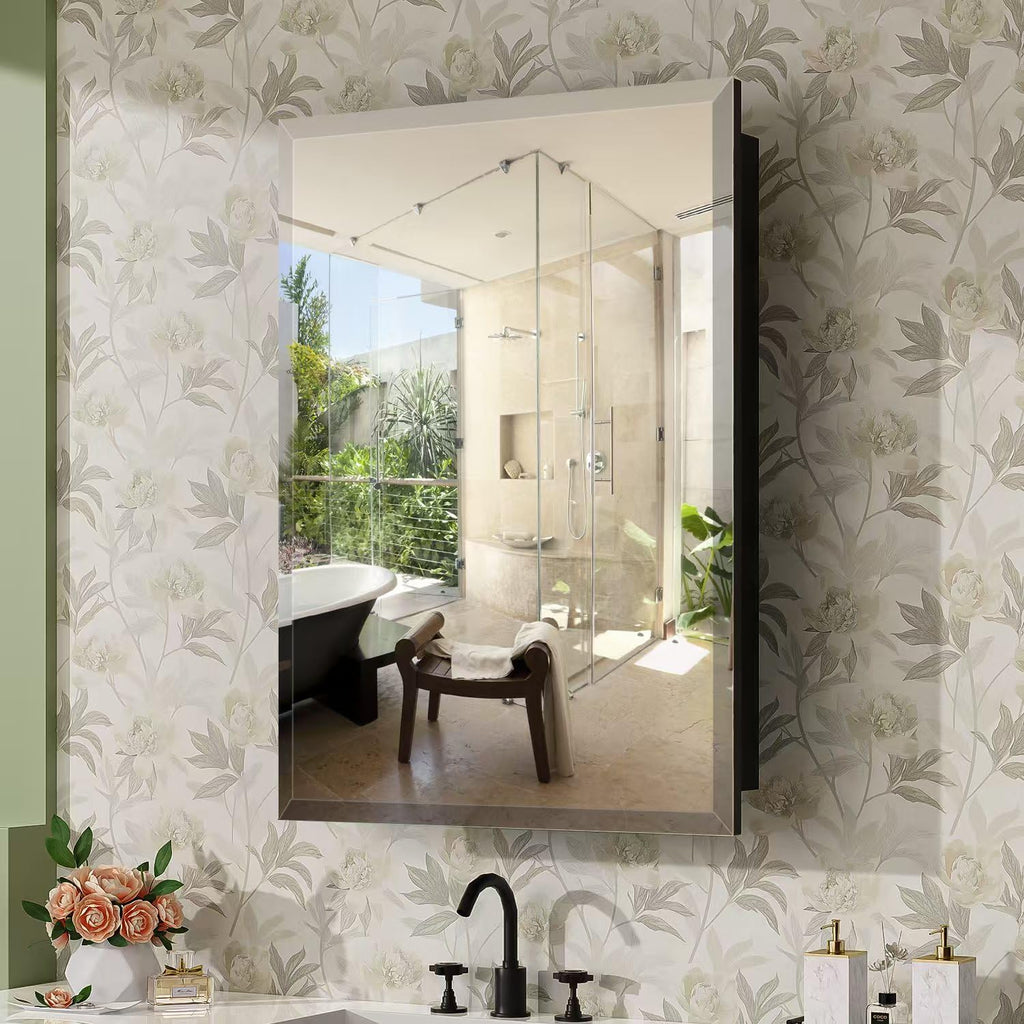 16X24 Inch Bathroom Medicine Cabinet, Adjustable 3-Color Brightness Dimming LED Mirror Recessed, Black