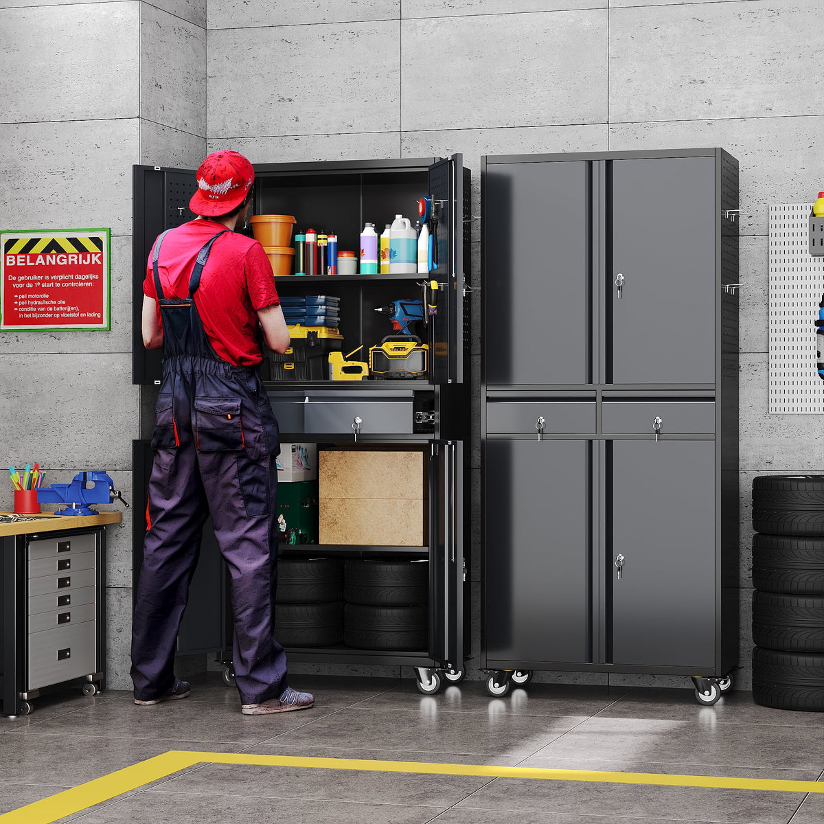 GangMei 71 Inches Tall Metal Garage Storage Cabinets with 5 Adjustable Shelves & Pegboards, Lockable Steel Black Storage Cabinet with Doors for Office, Home, School, Shops, Garage, Assembly required