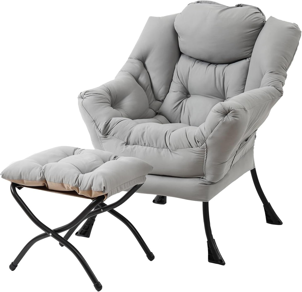 Lazy Chair with Ottoman, Reading Chair with Footrest, Dark Grey