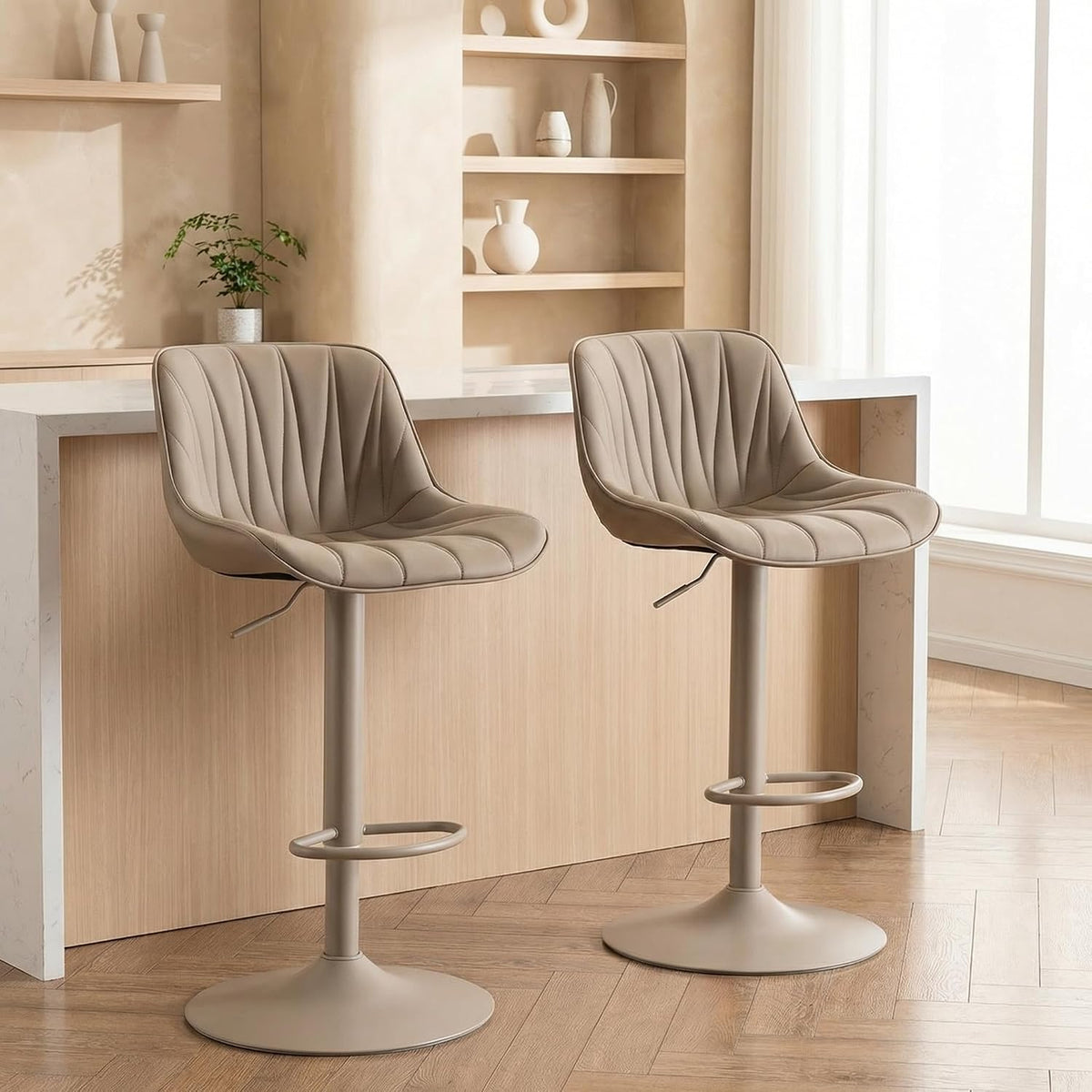Bar Stools Set of 2 for Kitchen Island, White Faux Leather Padded