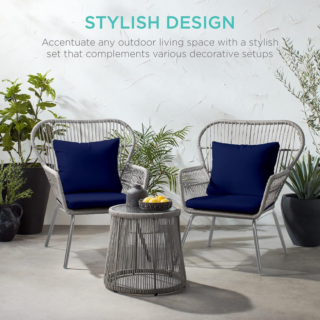 3-Piece Patio Conversation Bistro Set, Outdoor All-Weather Wicker Furniture for Porch, Backyard w/ 2 Wide Ergonomic Chairs, Cushions, Glass Top Side Table - Gray/Navy