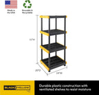 BLACK & YELLOW 4-Tier Heavy Duty Plastic Storage Shelving Unit, 100lbs/shelf (55"H x 24"W x 20"D), for Indoor/Outdoor Organization, Modular Rack, Extremely Durable, Made in The USA