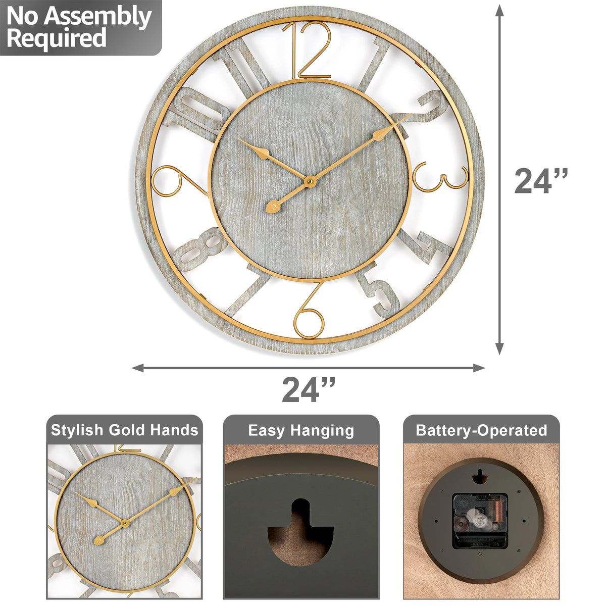 24 Inch Round Wooden Wall Clock, Modern Analog Clock with Numeral Design, Battery Operated