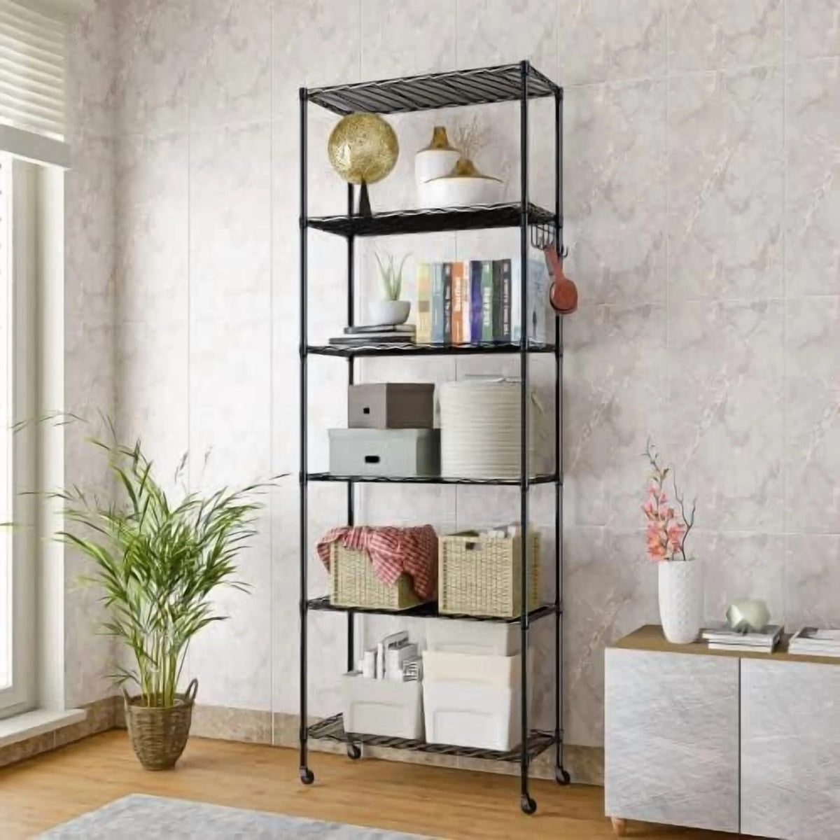 5-Tier Storage Shelf Wire Shelving Unit on Wheels, Adjustable Heavy Duty Metal Shelves with Side Hooks, Steel Rack Organization for Kitchen Garage Basement, Silver
