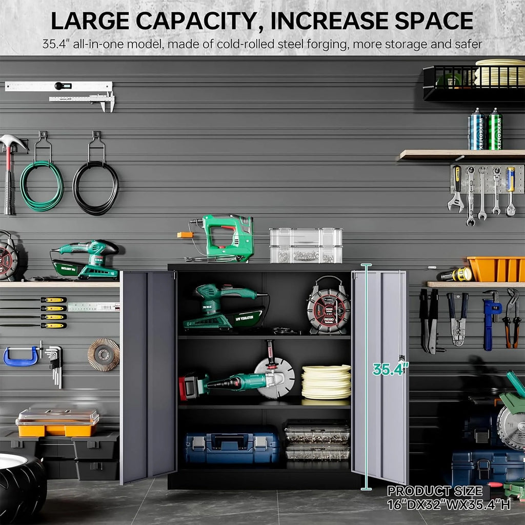 HLL 36 inch Metal Storage Cabinet with Doors and Shelves,Small Black Locking Garage Cabinet,Lockable Short Steel Cabinets for Home,Office,Shop,Garage