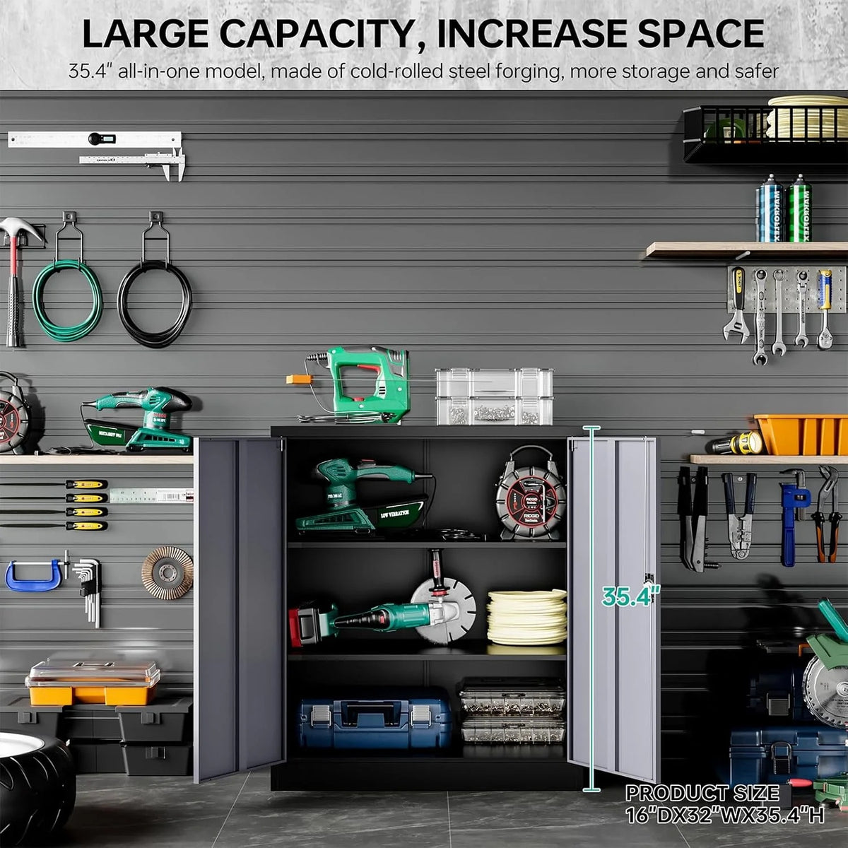 HLL 36 inch Metal Storage Cabinet with Doors and Shelves,Small Black Locking Garage Cabinet,Lockable Short Steel Cabinets for Home,Office,Shop,Garage